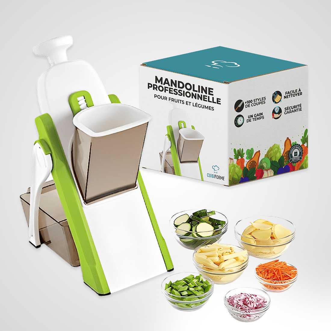 Mandoline coupe légumes manuelle de CuisiForme de couleur verte