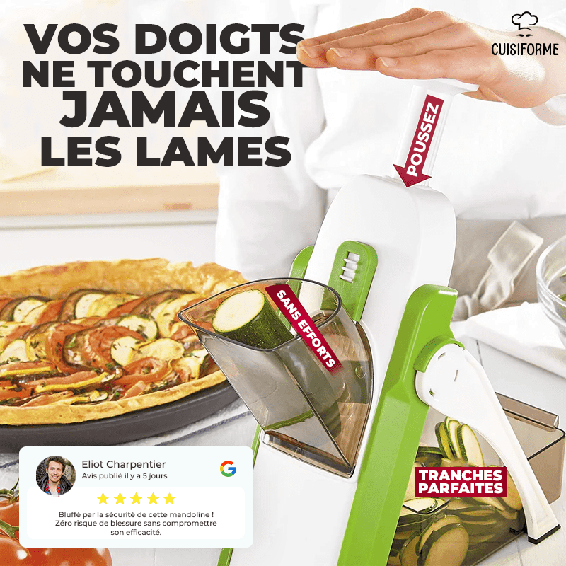 Mandoline de cuisine sécurisée avec un poussoir et un bac de récupération