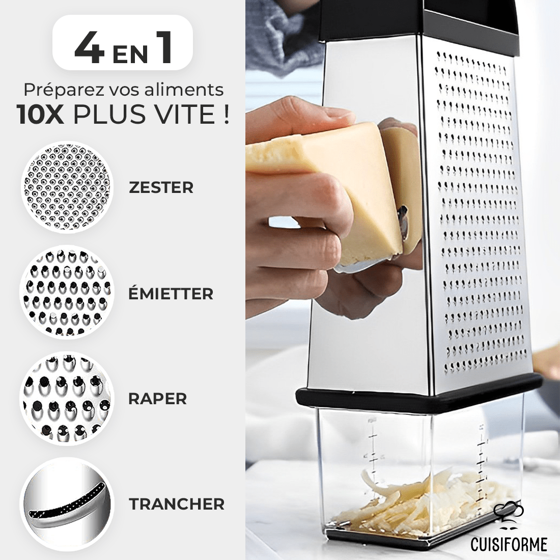Râpe Manuelle 4 en 1 de CuisiForme pour râper, zester, trancher et émietter facilement