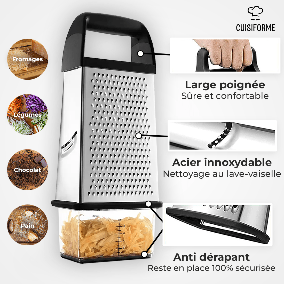 Râpe en Acier Inoxydable de CuisiForme pour faire des carottes râpées, parmesan râpé et zestes citron