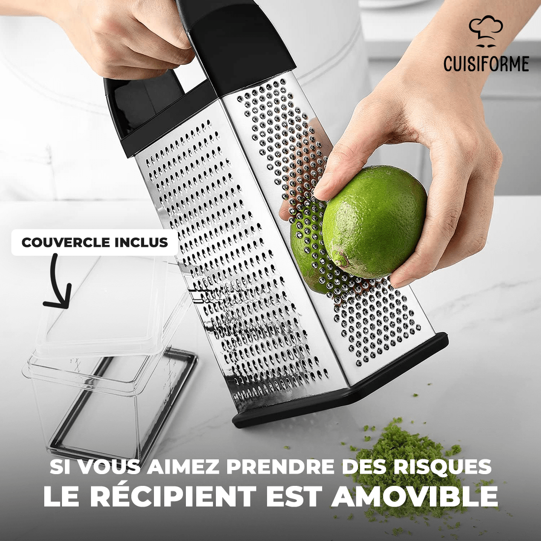Râpe et Zesteur de CuisiForme avec un récipient qui collecte les zestes de citron, d'orange et autres agrumes