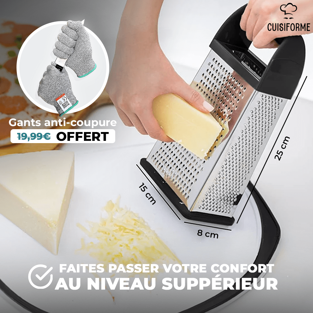 Râpe de Cuisine ergonomique et compacte de Cuisiforme et sa boîte de récupération des aliments